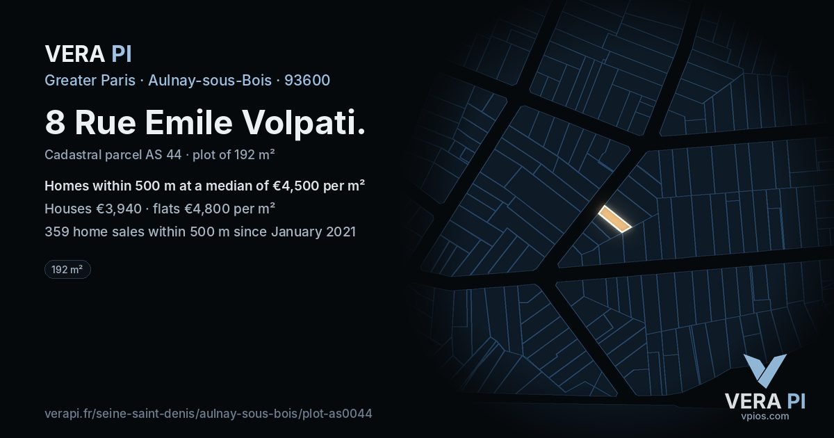 8 Rue Emile Volpati, Aulnay-sous-Bois at night – the plot lit, the parcels around coloured by the prices near them