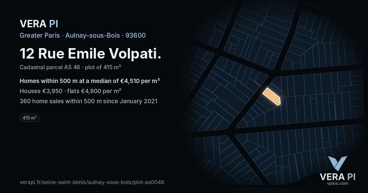 12 Rue Emile Volpati, Aulnay-sous-Bois at night – the plot lit, the parcels around coloured by the prices near them