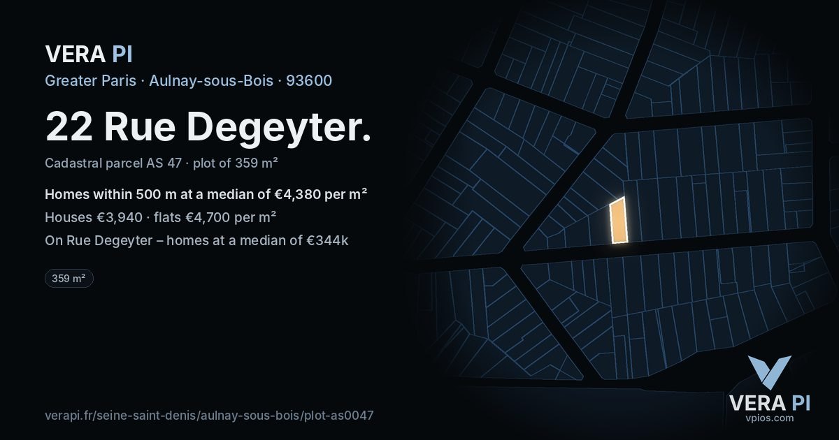 22 Rue Degeyter, Aulnay-sous-Bois at night – the plot lit, the parcels around coloured by the prices near them