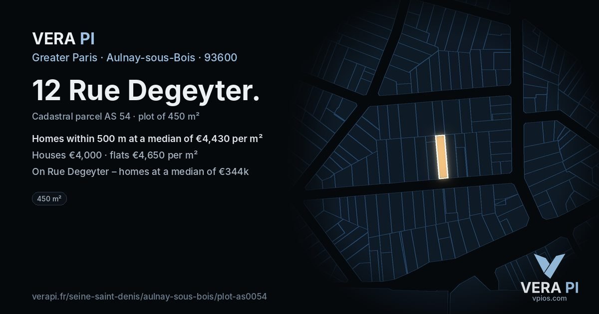 12 Rue Degeyter, Aulnay-sous-Bois at night – the plot lit, the parcels around coloured by the prices near them