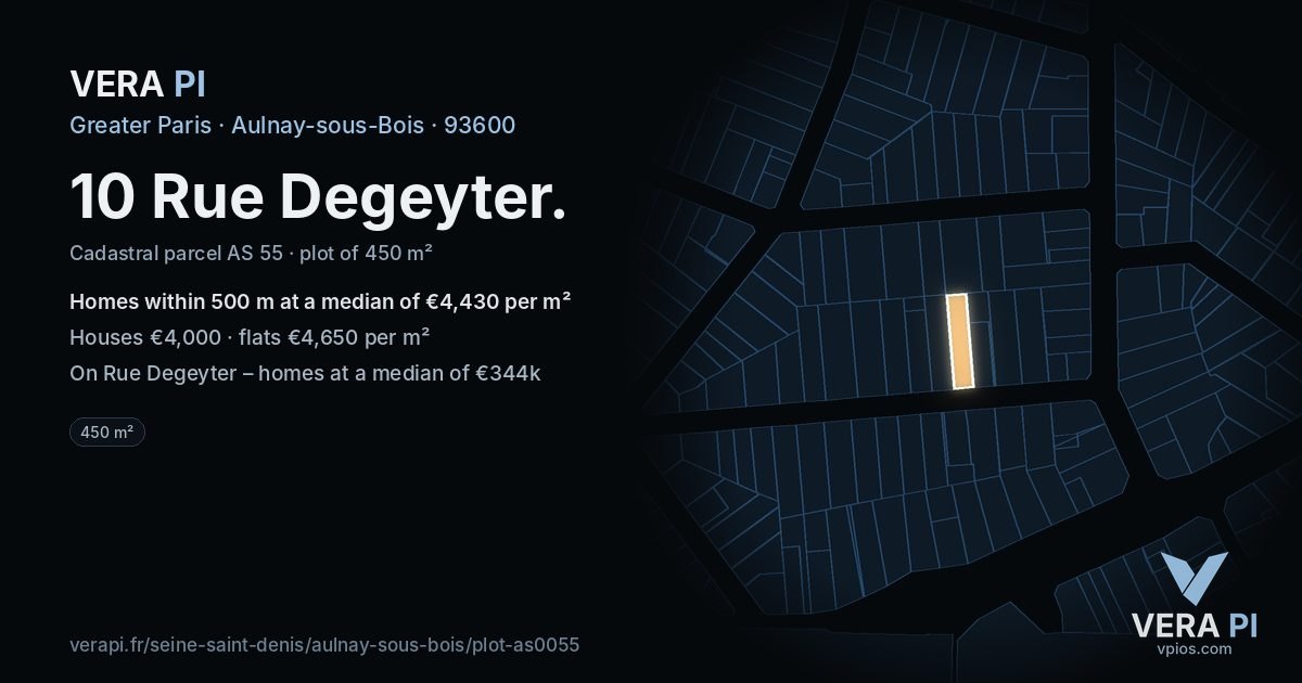 10 Rue Degeyter, Aulnay-sous-Bois at night – the plot lit, the parcels around coloured by the prices near them