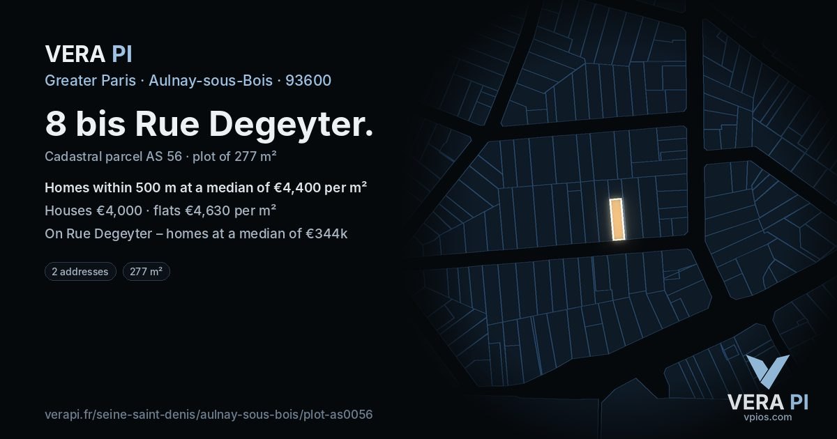 8 bis Rue Degeyter, Aulnay-sous-Bois at night – the plot lit, the parcels around coloured by the prices near them