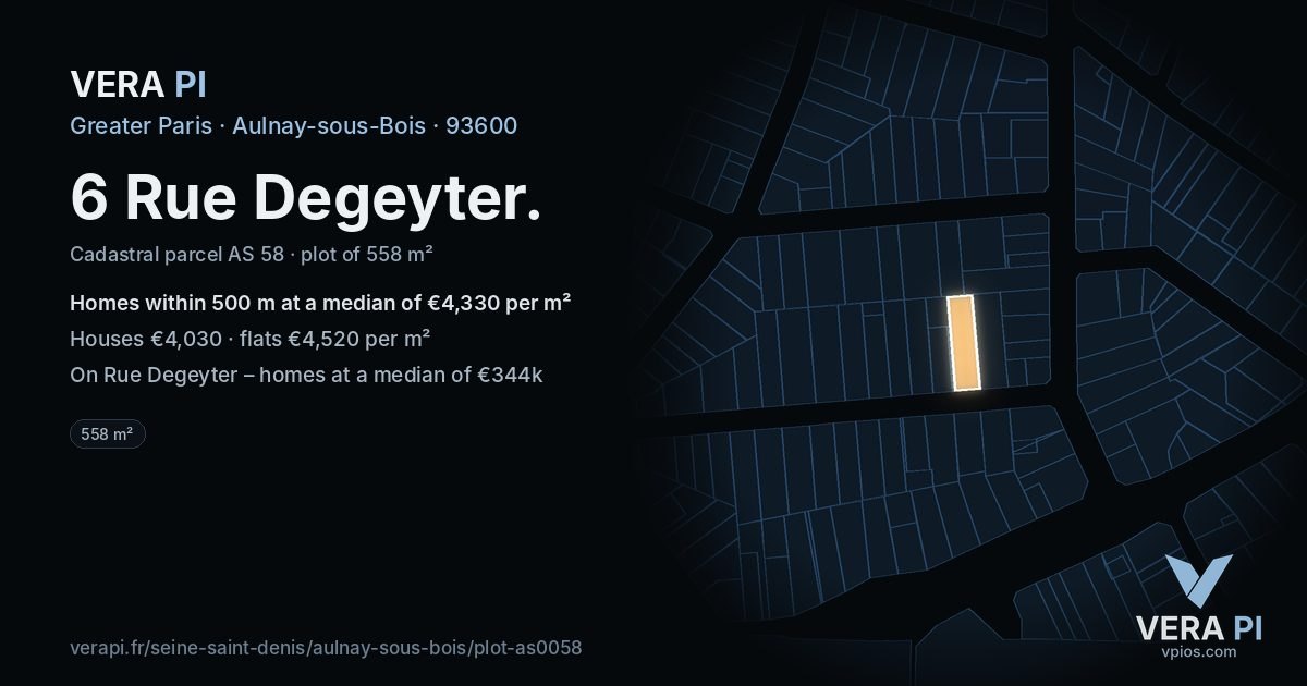 6 Rue Degeyter, Aulnay-sous-Bois at night – the plot lit, the parcels around coloured by the prices near them