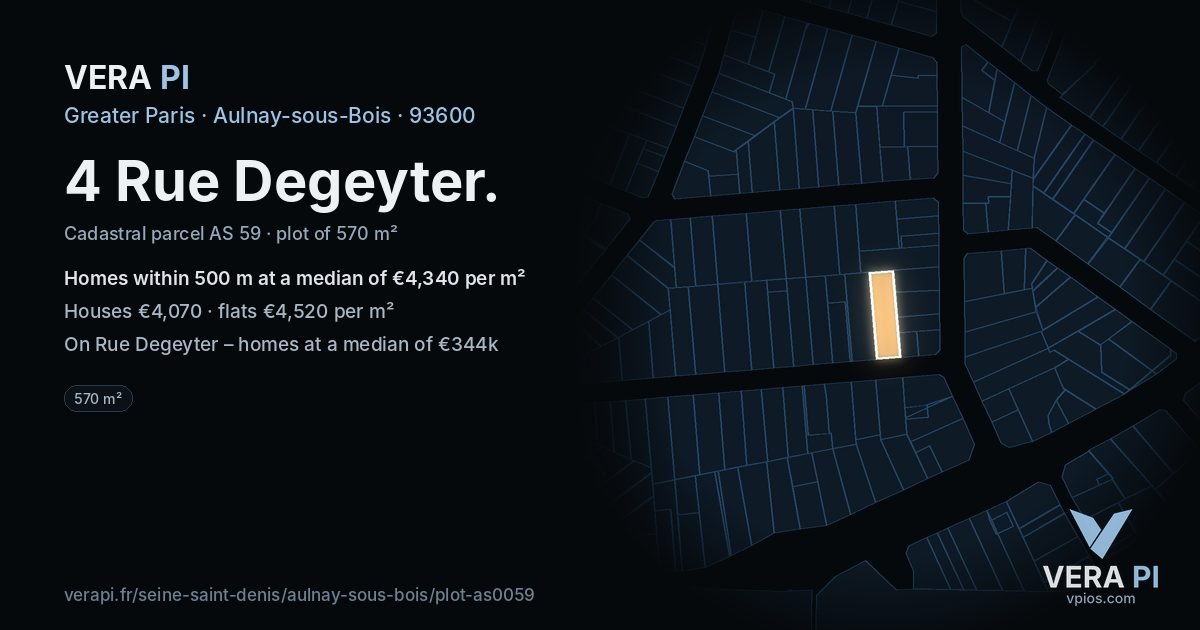 4 Rue Degeyter, Aulnay-sous-Bois at night – the plot lit, the parcels around coloured by the prices near them
