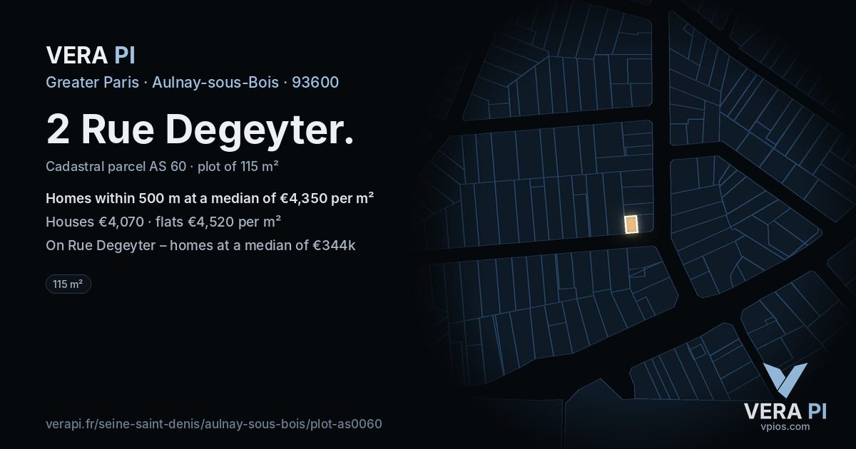 2 Rue Degeyter, Aulnay-sous-Bois at night – the plot lit, the parcels around coloured by the prices near them