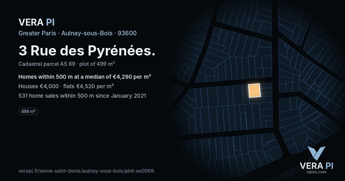 3 Rue des Pyrénées, Aulnay-sous-Bois at night – the plot lit, the parcels around coloured by the prices near them