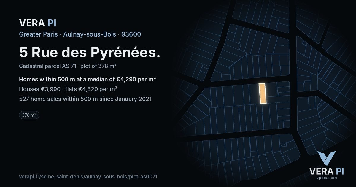 5 Rue des Pyrénées, Aulnay-sous-Bois at night – the plot lit, the parcels around coloured by the prices near them