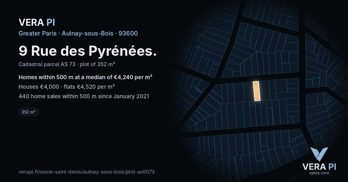 9 Rue des Pyrénées, Aulnay-sous-Bois at night – the plot lit, the parcels around coloured by the prices near them