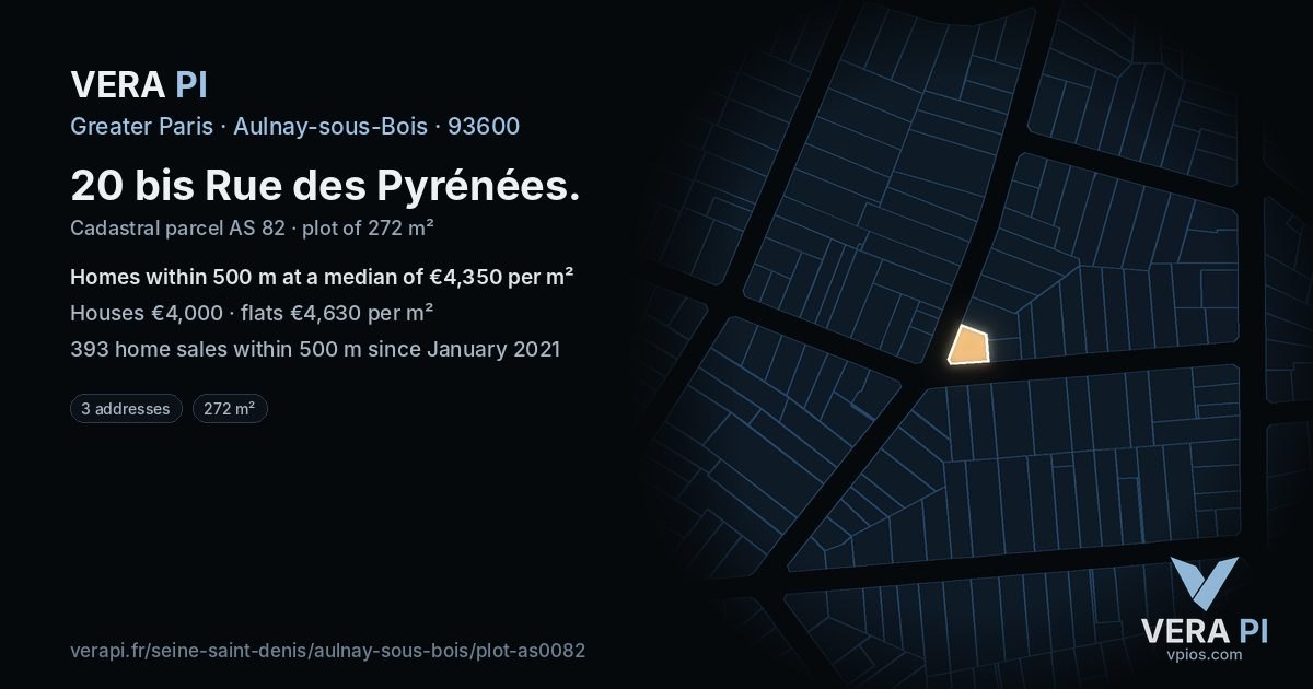 20 bis Rue des Pyrénées, Aulnay-sous-Bois at night – the plot lit, the parcels around coloured by the prices near them