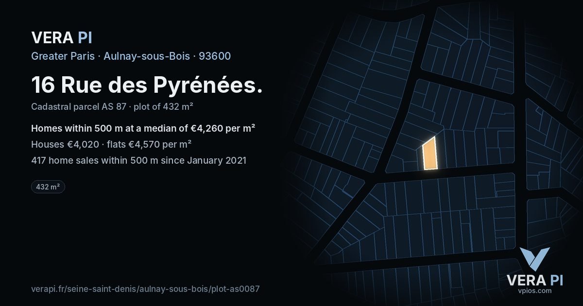 16 Rue des Pyrénées, Aulnay-sous-Bois at night – the plot lit, the parcels around coloured by the prices near them