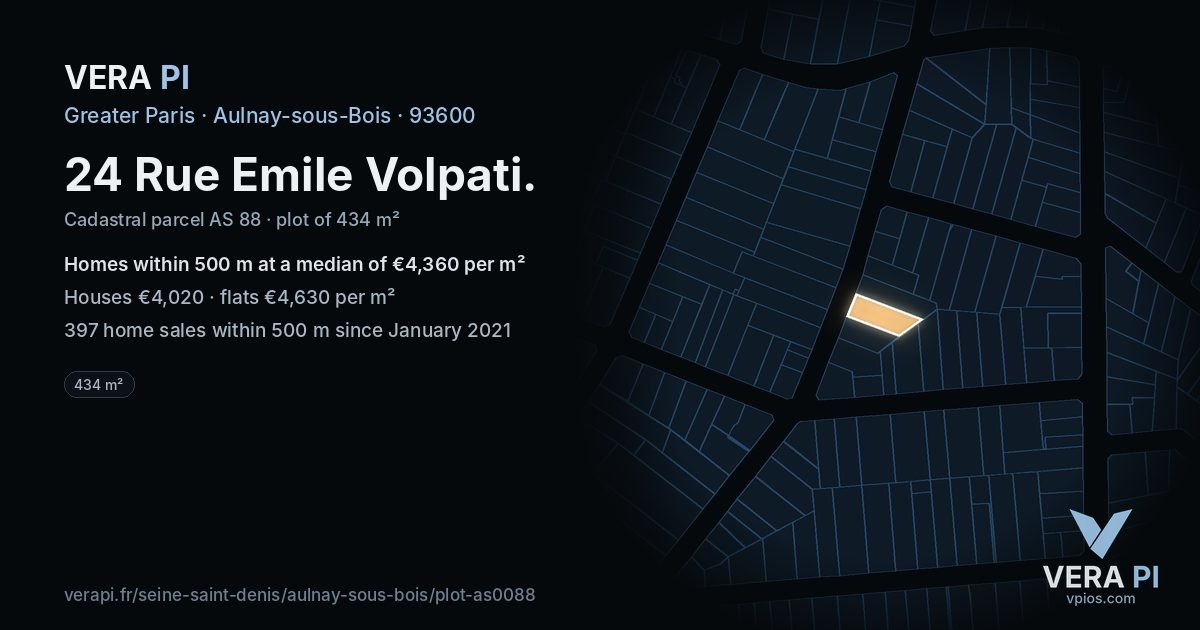 24 Rue Emile Volpati, Aulnay-sous-Bois at night – the plot lit, the parcels around coloured by the prices near them