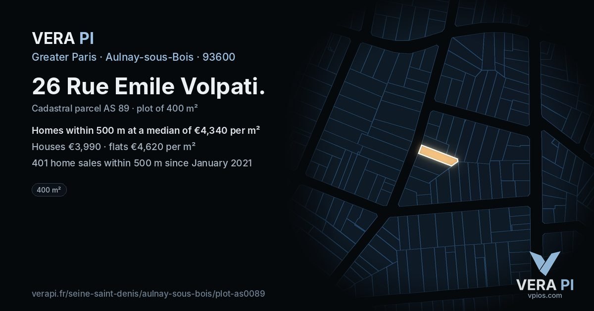 26 Rue Emile Volpati, Aulnay-sous-Bois at night – the plot lit, the parcels around coloured by the prices near them