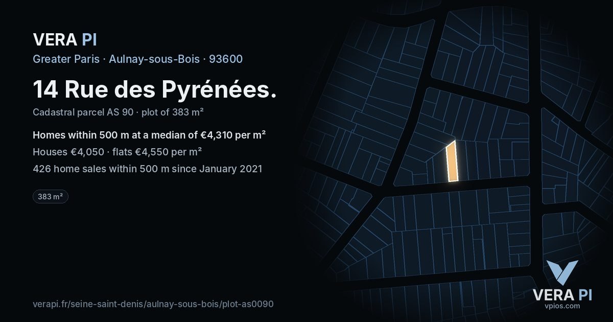 14 Rue des Pyrénées, Aulnay-sous-Bois at night – the plot lit, the parcels around coloured by the prices near them