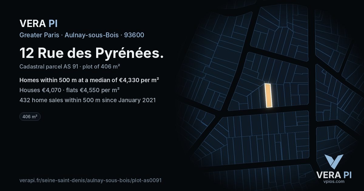 12 Rue des Pyrénées, Aulnay-sous-Bois at night – the plot lit, the parcels around coloured by the prices near them