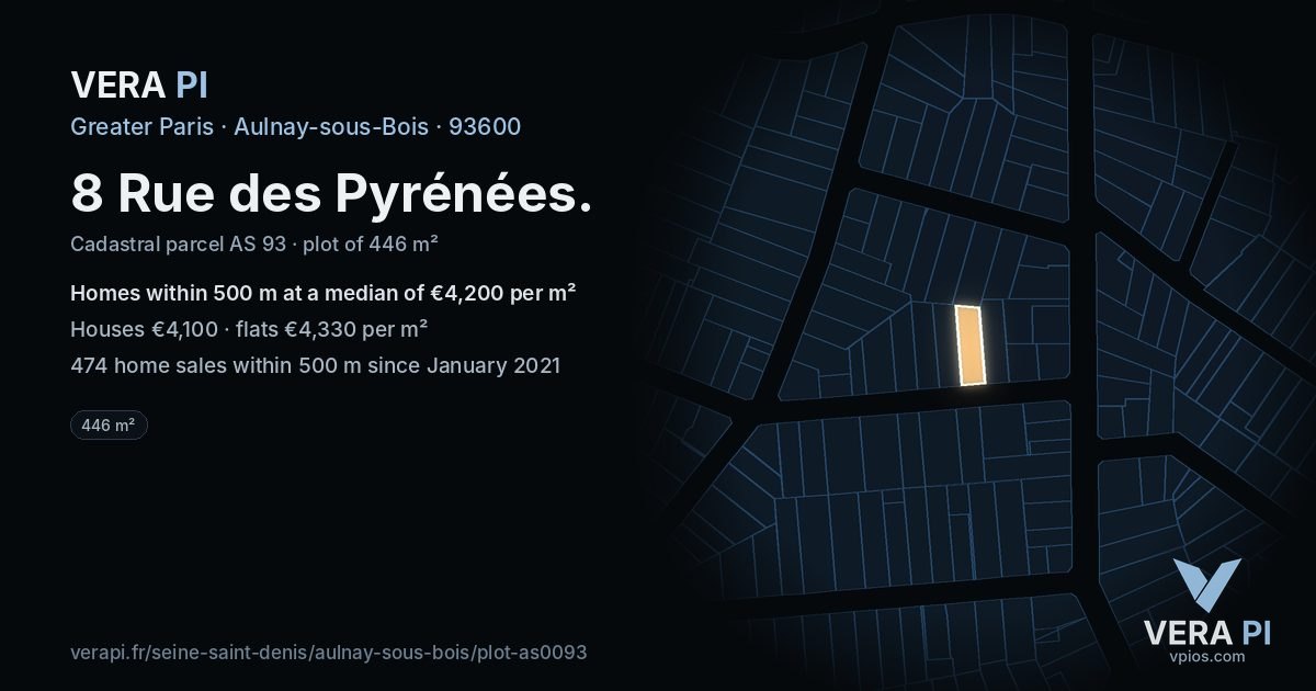 8 Rue des Pyrénées, Aulnay-sous-Bois at night – the plot lit, the parcels around coloured by the prices near them