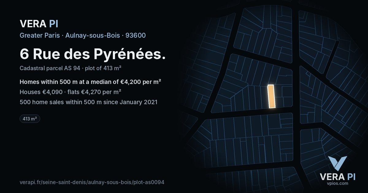 6 Rue des Pyrénées, Aulnay-sous-Bois at night – the plot lit, the parcels around coloured by the prices near them