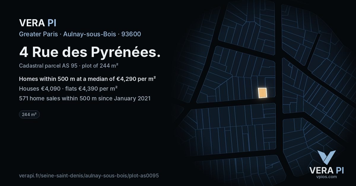 4 Rue des Pyrénées, Aulnay-sous-Bois at night – the plot lit, the parcels around coloured by the prices near them