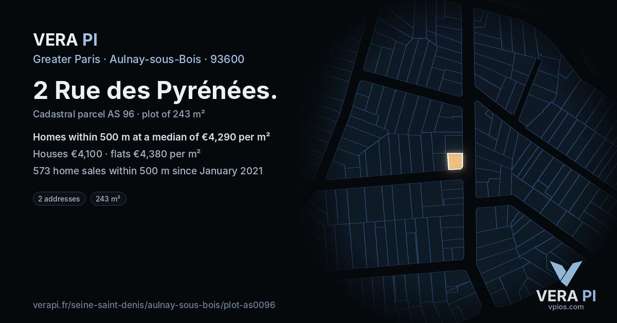2 Rue des Pyrénées, Aulnay-sous-Bois at night – the plot lit, the parcels around coloured by the prices near them