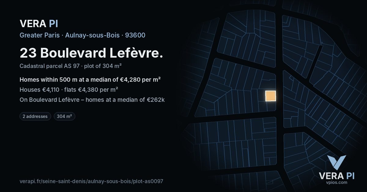 23 Boulevard Lefèvre, Aulnay-sous-Bois at night – the plot lit, the parcels around coloured by the prices near them