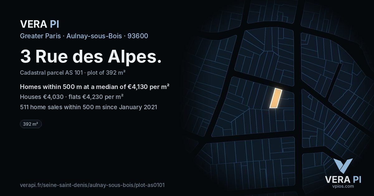 3 Rue des Alpes, Aulnay-sous-Bois at night – the plot lit, the parcels around coloured by the prices near them