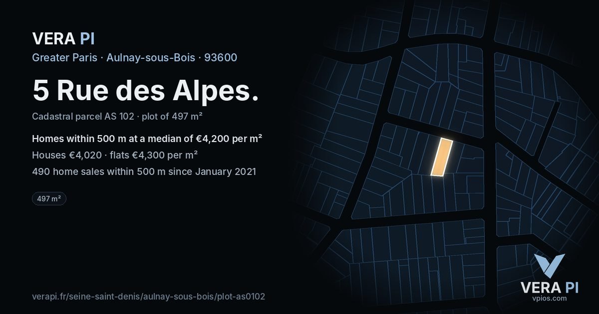5 Rue des Alpes, Aulnay-sous-Bois at night – the plot lit, the parcels around coloured by the prices near them