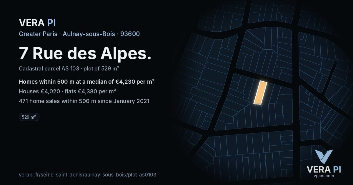 7 Rue des Alpes, Aulnay-sous-Bois at night – the plot lit, the parcels around coloured by the prices near them