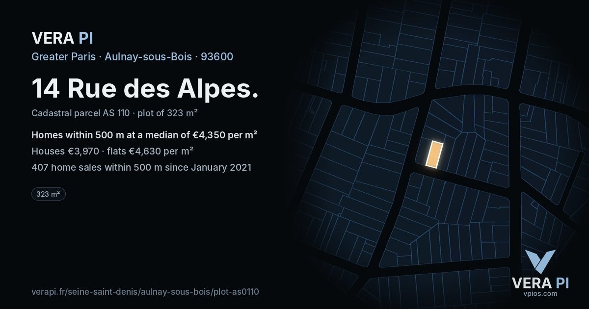 14 Rue des Alpes, Aulnay-sous-Bois at night – the plot lit, the parcels around coloured by the prices near them