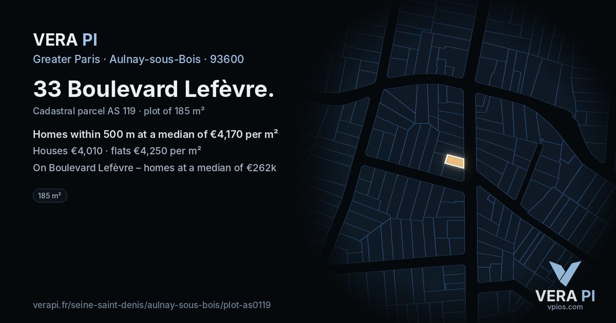 33 Boulevard Lefèvre, Aulnay-sous-Bois at night – the plot lit, the parcels around coloured by the prices near them