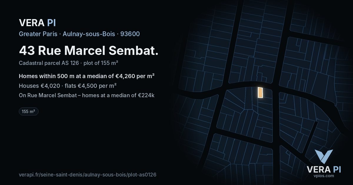 43 Rue Marcel Sembat, Aulnay-sous-Bois at night – the plot lit, the parcels around coloured by the prices near them