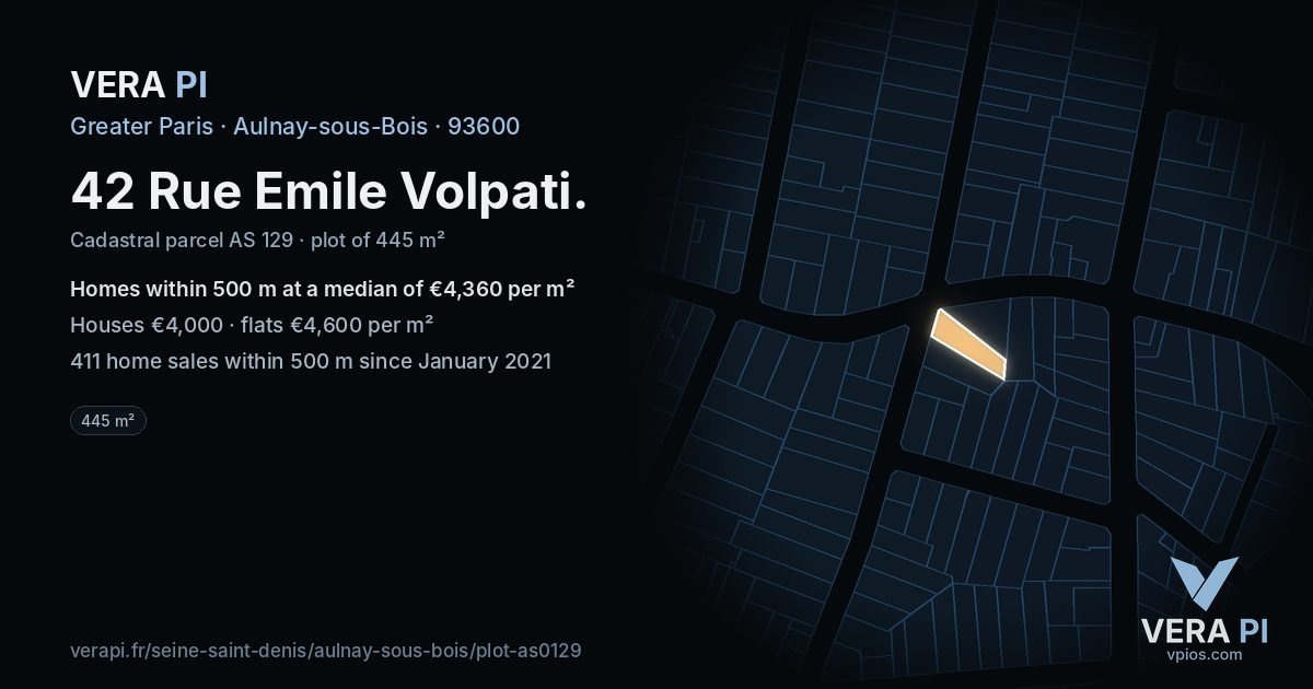 42 Rue Emile Volpati, Aulnay-sous-Bois at night – the plot lit, the parcels around coloured by the prices near them
