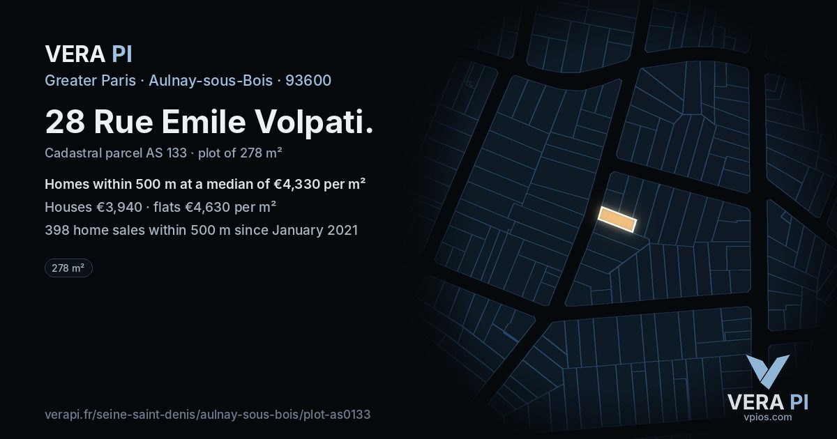 28 Rue Emile Volpati, Aulnay-sous-Bois at night – the plot lit, the parcels around coloured by the prices near them
