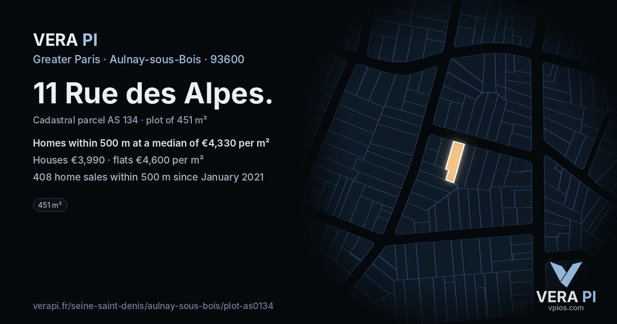 11 Rue des Alpes, Aulnay-sous-Bois at night – the plot lit, the parcels around coloured by the prices near them