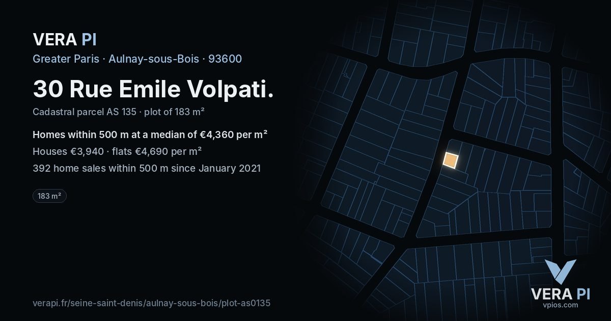 30 Rue Emile Volpati, Aulnay-sous-Bois at night – the plot lit, the parcels around coloured by the prices near them