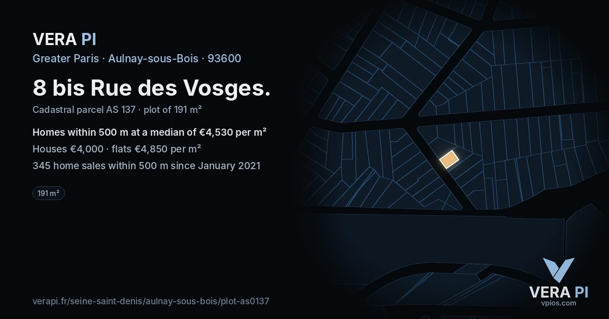8 bis Rue des Vosges, Aulnay-sous-Bois at night – the plot lit, the parcels around coloured by the prices near them