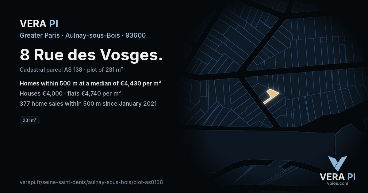 8 Rue des Vosges, Aulnay-sous-Bois at night – the plot lit, the parcels around coloured by the prices near them