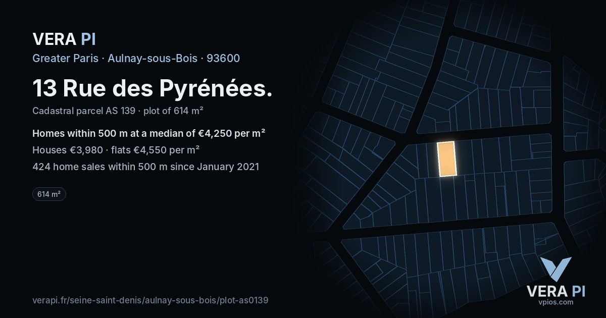 13 Rue des Pyrénées, Aulnay-sous-Bois at night – the plot lit, the parcels around coloured by the prices near them