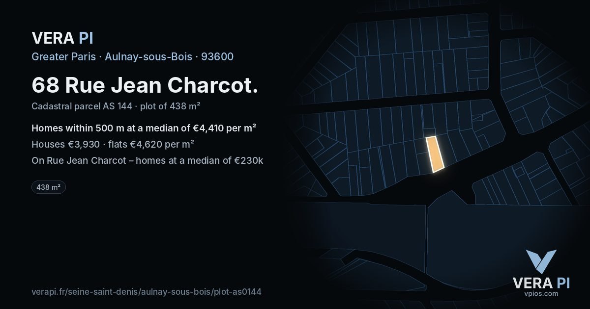 68 Rue Jean Charcot, Aulnay-sous-Bois at night – the plot lit, the parcels around coloured by the prices near them
