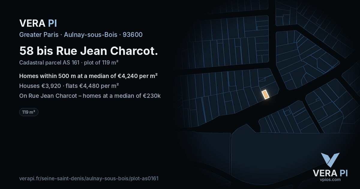 58 bis Rue Jean Charcot, Aulnay-sous-Bois at night – the plot lit, the parcels around coloured by the prices near them