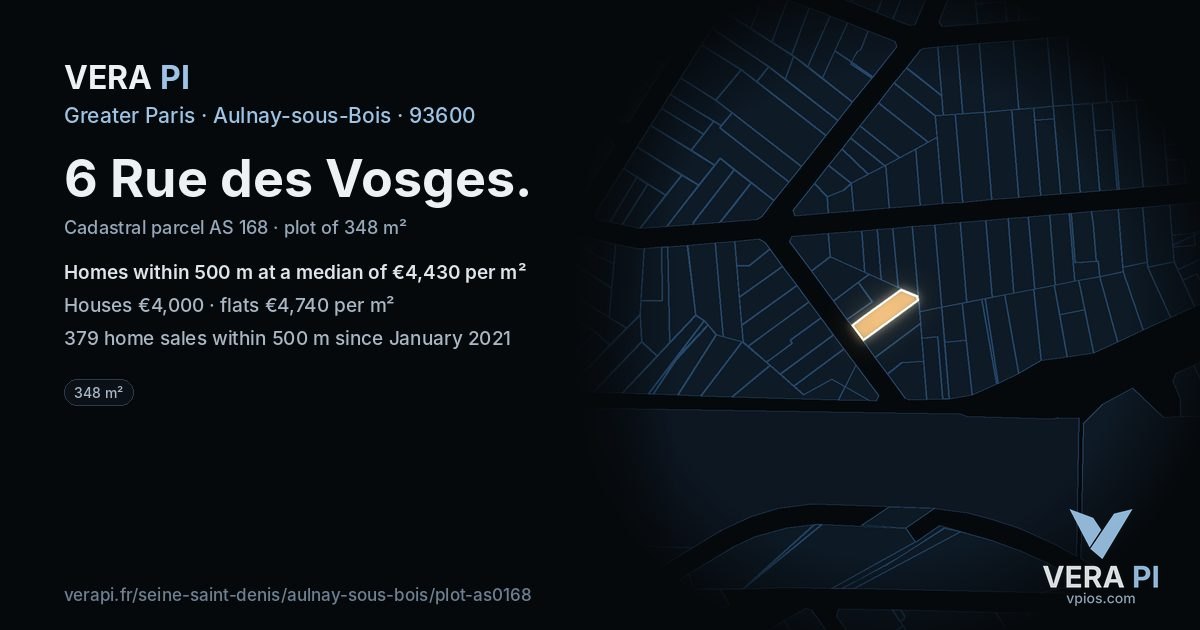 6 Rue des Vosges, Aulnay-sous-Bois at night – the plot lit, the parcels around coloured by the prices near them