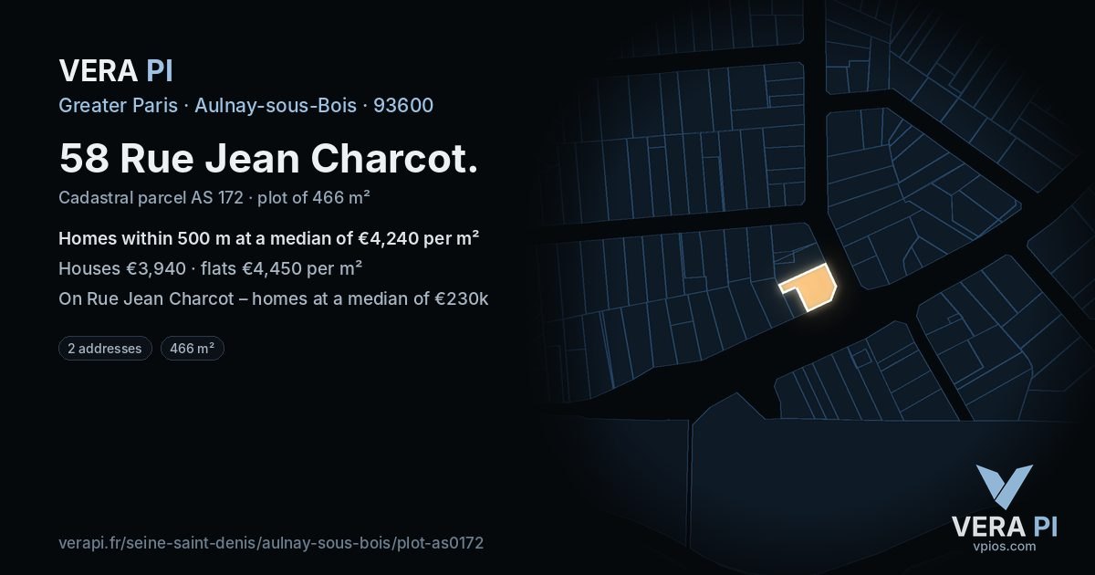 58 Rue Jean Charcot, Aulnay-sous-Bois at night – the plot lit, the parcels around coloured by the prices near them