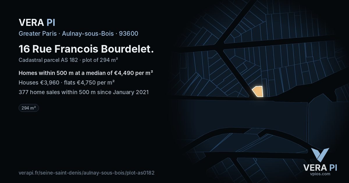 16 Rue Francois Bourdelet, Aulnay-sous-Bois at night – the plot lit, the parcels around coloured by the prices near them