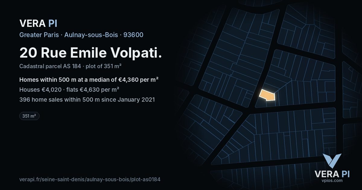20 Rue Emile Volpati, Aulnay-sous-Bois at night – the plot lit, the parcels around coloured by the prices near them
