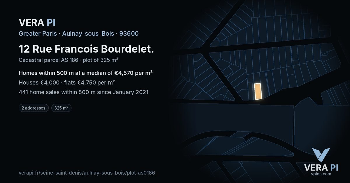 12 Rue Francois Bourdelet, Aulnay-sous-Bois at night – the plot lit, the parcels around coloured by the prices near them