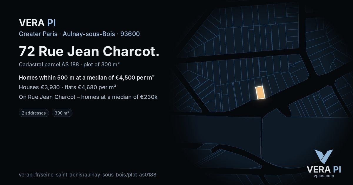 72 Rue Jean Charcot, Aulnay-sous-Bois at night – the plot lit, the parcels around coloured by the prices near them