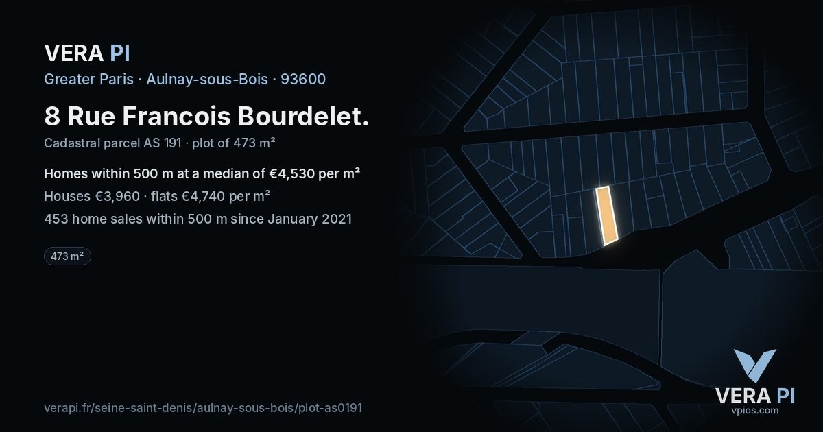 8 Rue Francois Bourdelet, Aulnay-sous-Bois at night – the plot lit, the parcels around coloured by the prices near them
