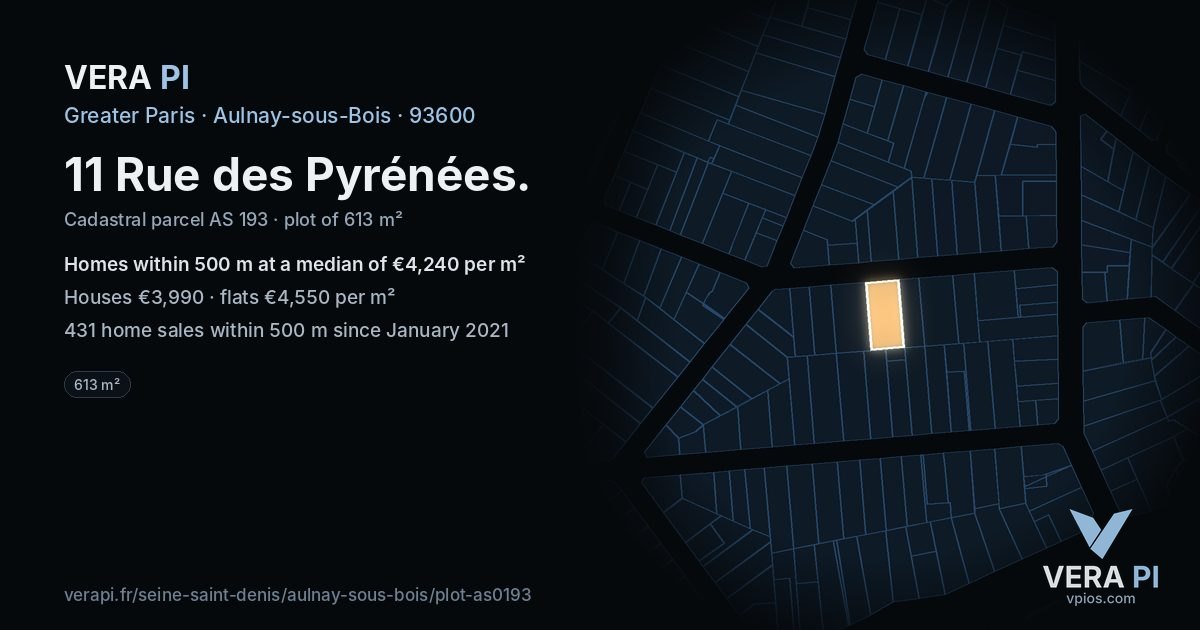 11 Rue des Pyrénées, Aulnay-sous-Bois at night – the plot lit, the parcels around coloured by the prices near them