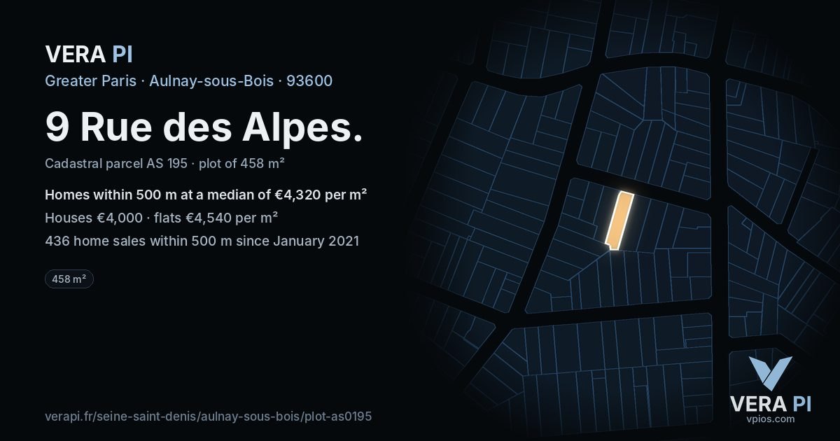 9 Rue des Alpes, Aulnay-sous-Bois at night – the plot lit, the parcels around coloured by the prices near them