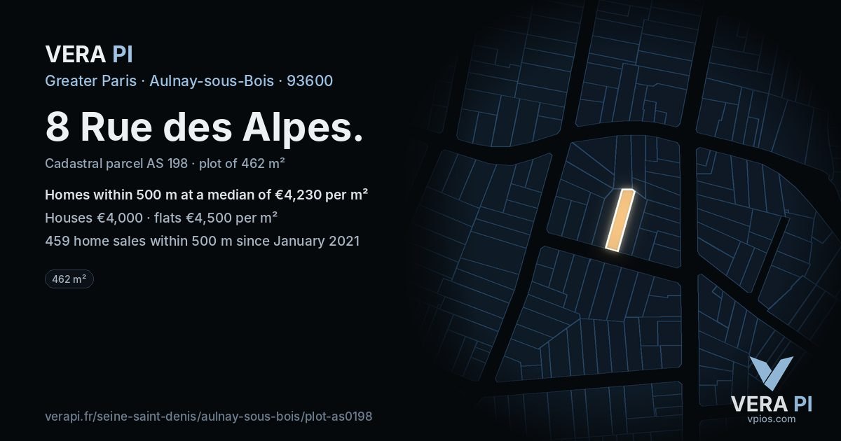 8 Rue des Alpes, Aulnay-sous-Bois at night – the plot lit, the parcels around coloured by the prices near them