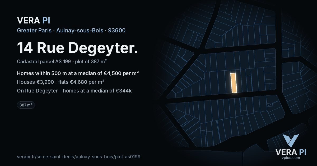14 Rue Degeyter, Aulnay-sous-Bois at night – the plot lit, the parcels around coloured by the prices near them