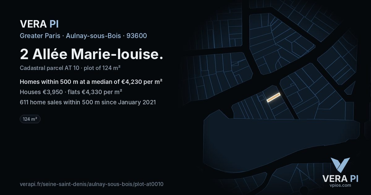 2 Allée Marie-louise, Aulnay-sous-Bois at night – the plot lit, the parcels around coloured by the prices near them